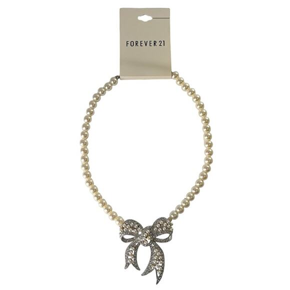 Forever 21 Costume Pearl Rhinestone Silver Tone Bow Pendant Glam Choker Necklace - Picture 4 of 5